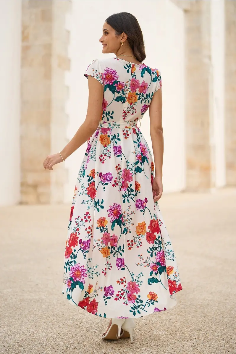 Thumbnail: Yumi Ivory Flower Print Wrap Dress - Size 16 - NOW £17.50