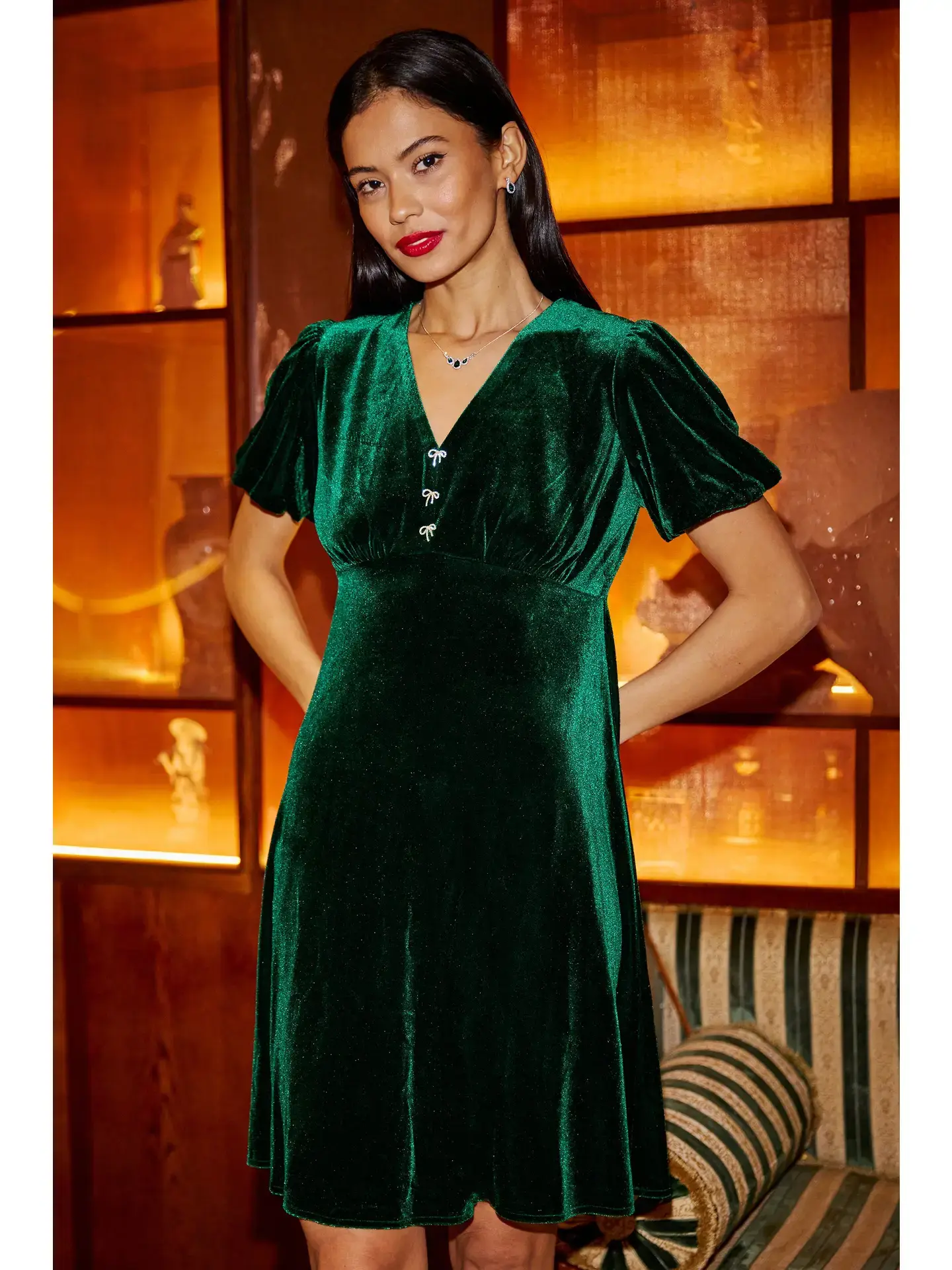 Yumi Green Velvet Skater Dress with Diamante Bow detail - Size 14 - NOW £22.50