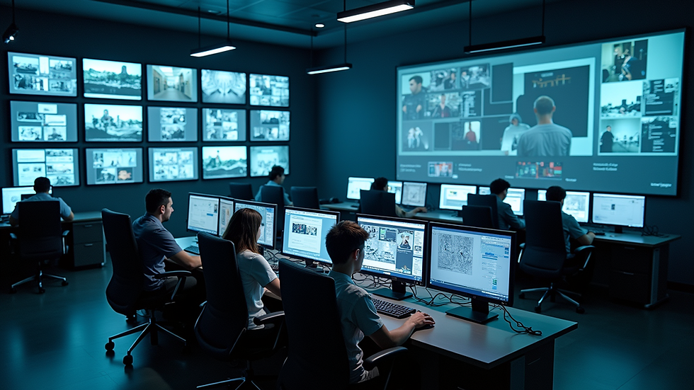 High angle view of a security control room with multiple surveillance monitors