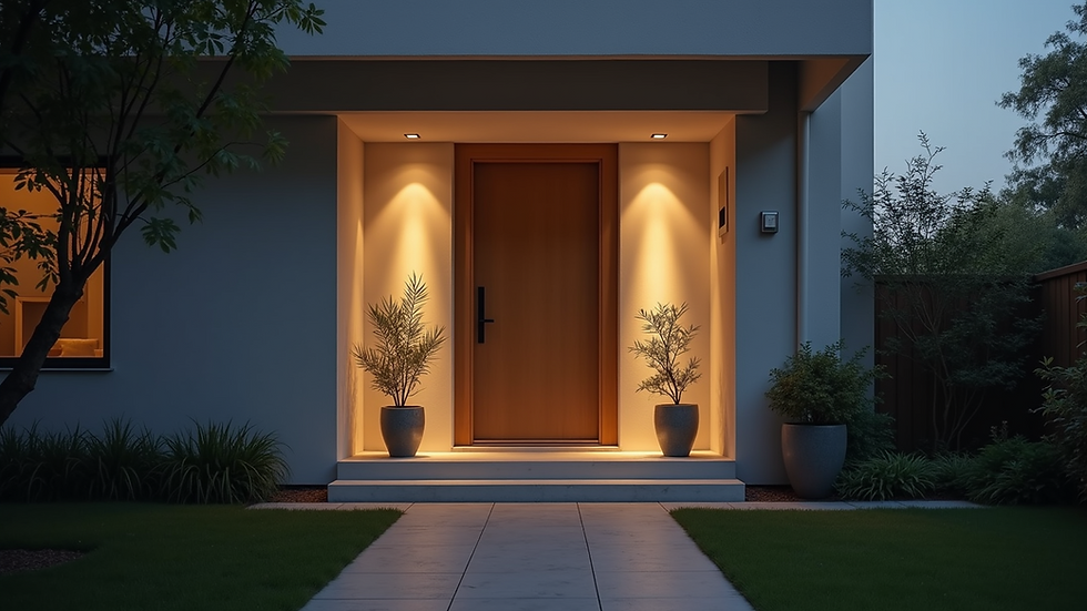 Eye-level view of a modern home entrance with secure door and lighting