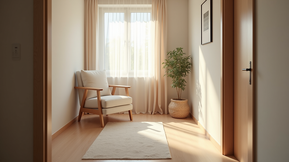 Eye-level view of a calm therapy room with a comfortable chair and soft lighting