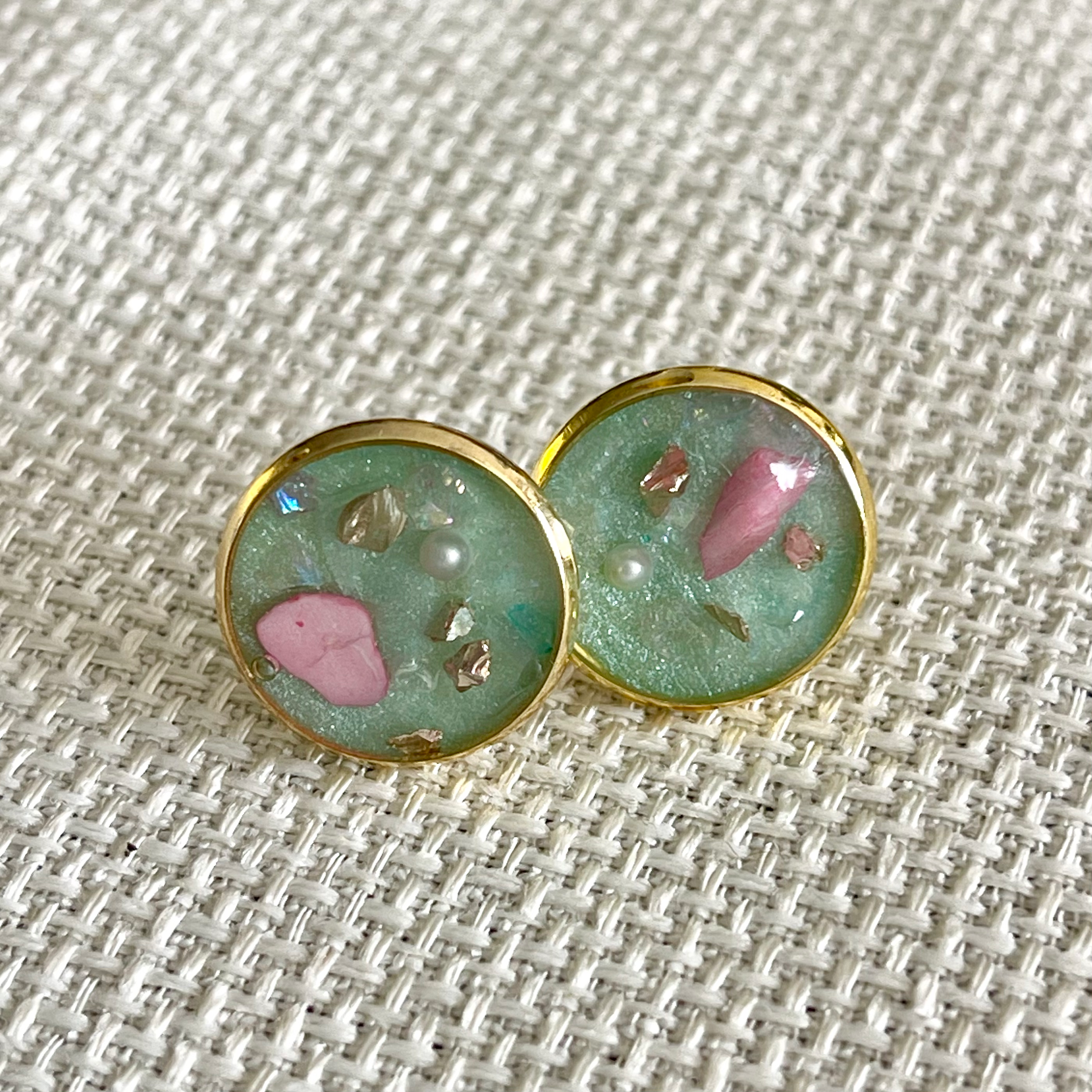 Aqua & Crushed Glass Round-Post Earrings