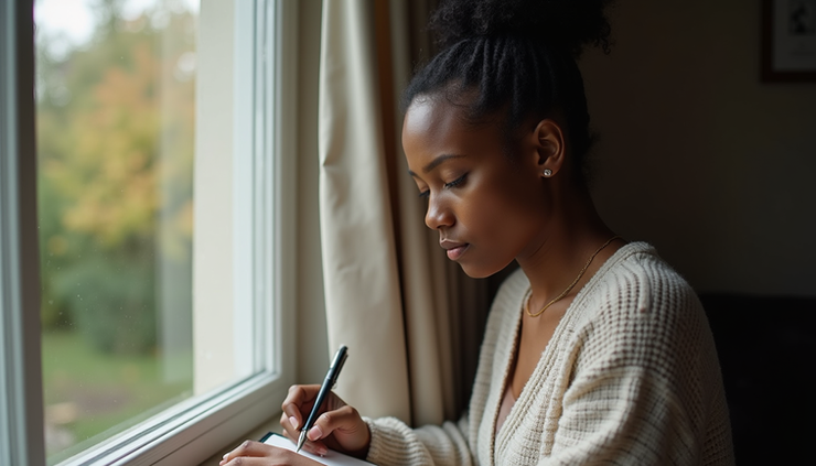 Close-up of a Black woman writing in a journal by a window with natural light