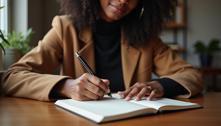 Close-up of a black woman writing in a journal with a cup of tea nearby