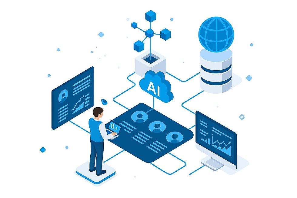 Darstellung einer KI-gestützten Suche: Fachkräfteprofile, Datenbanken und Netzwerke werden mit künstlicher Intelligenz durchsucht. Visualisierung von Technologie, Automatisierung und effizientem Recruiting.