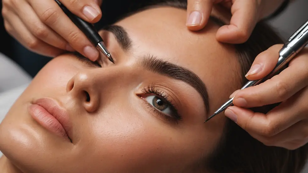 High angle view of brows being designed with precision tools
