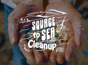 Graphic showing gloved hands holding microplastic with the words "Connecticut River Conservancy's Source to Sea Cleanup" over it.