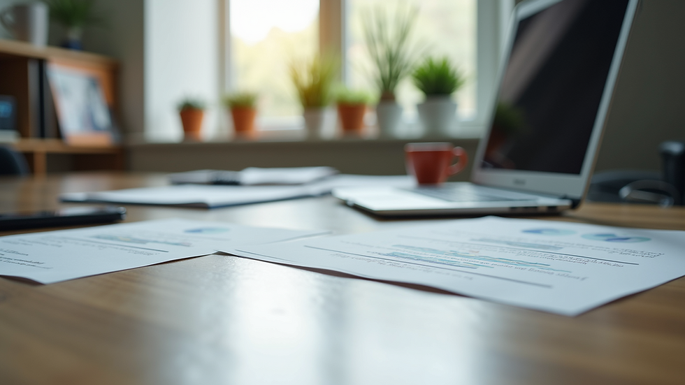 Eye-level view of a modern office desk with marketing strategy documents