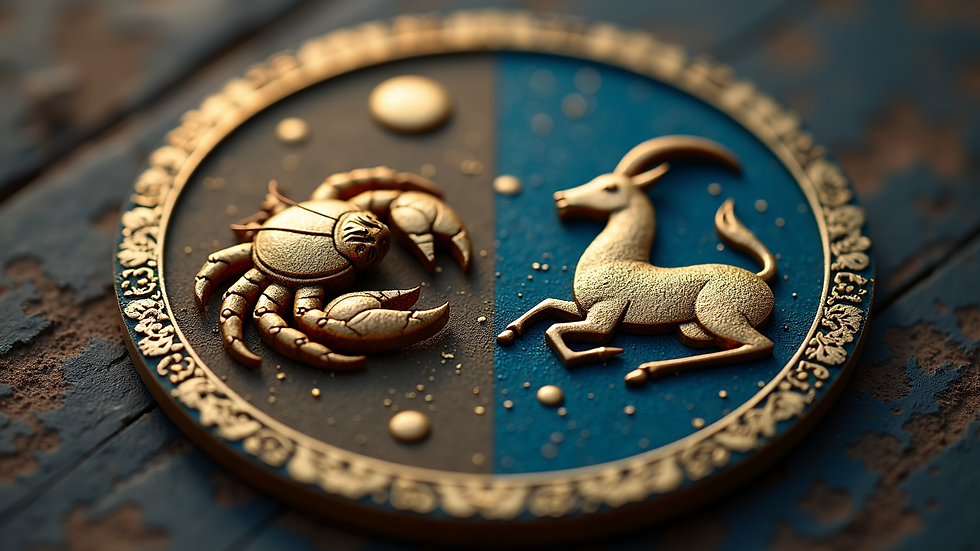 High angle view of two zodiac symbols, Cancer and Capricorn, side by side