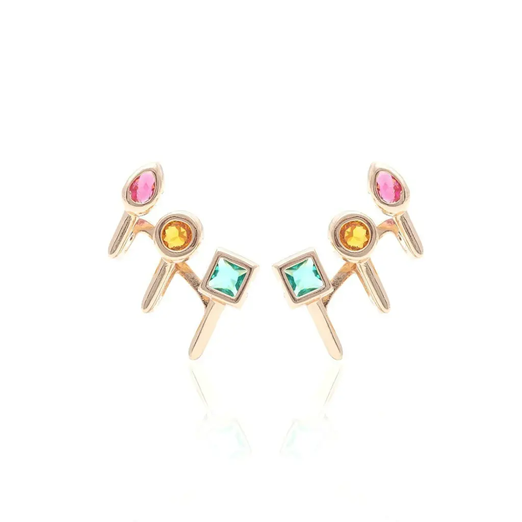 Brinco Ear Cuff Formas Cristal Paraíba Cravação Inglesa - Banho de ouro 18k