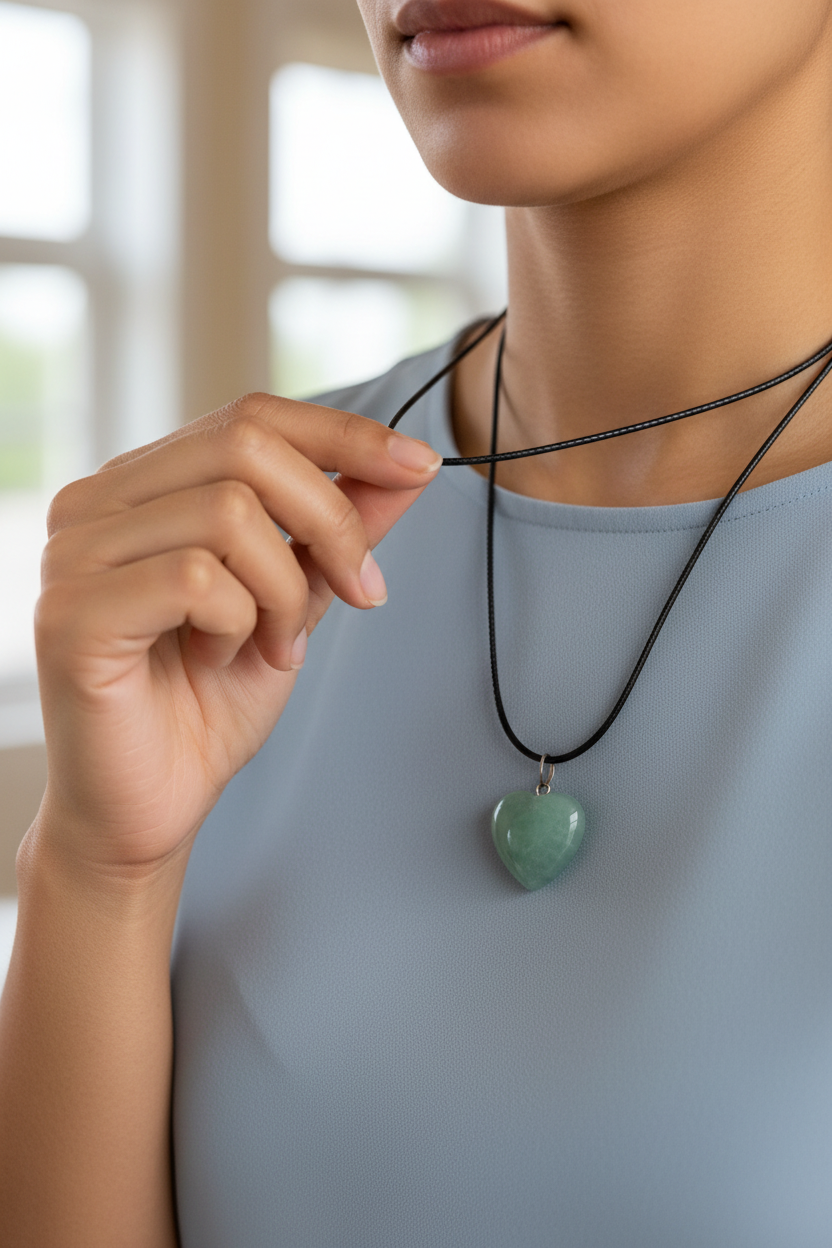 Miniature : Collier Aventurine Verte en Forme de Cœur – Cordon noir ciré 