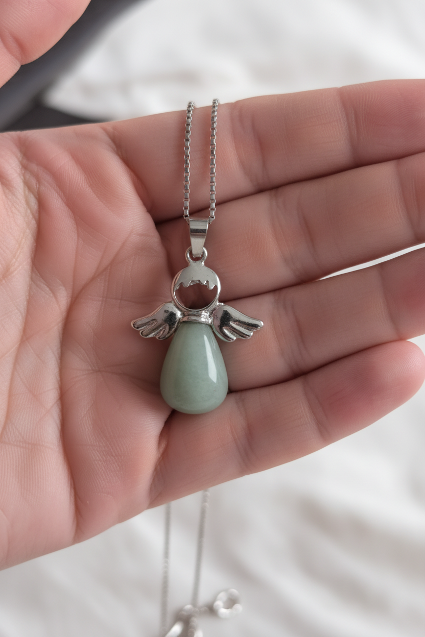 Miniature : Collier Aventurine Verte Ange – Chaîne cubic en acier inoxydable argenté
