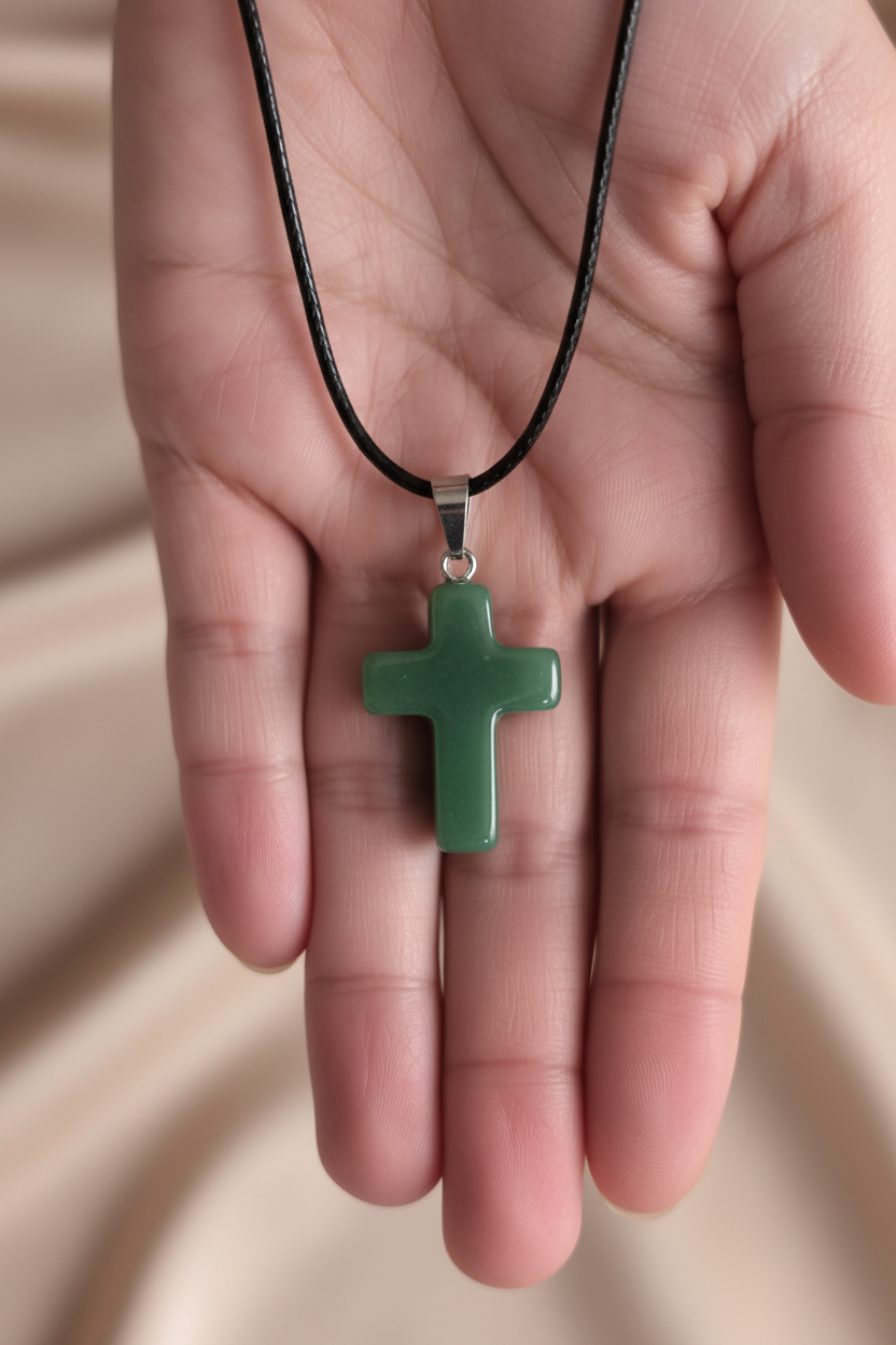 Miniature : Collier Aventurine Verte en Forme de Croix – Cordon noir ciré 