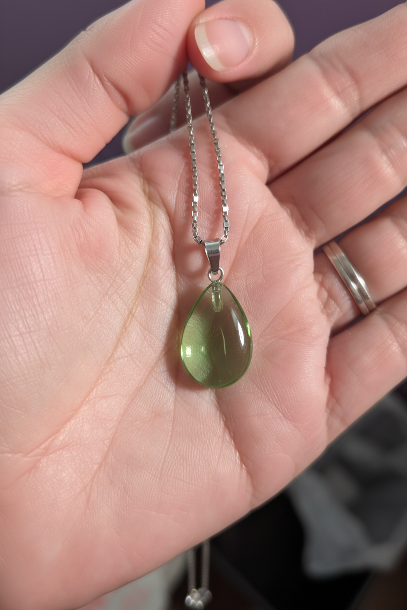 Miniature : Collier Péridot Goutte Facettée – Chaîne cubic en acier inoxydable argenté gros plan main