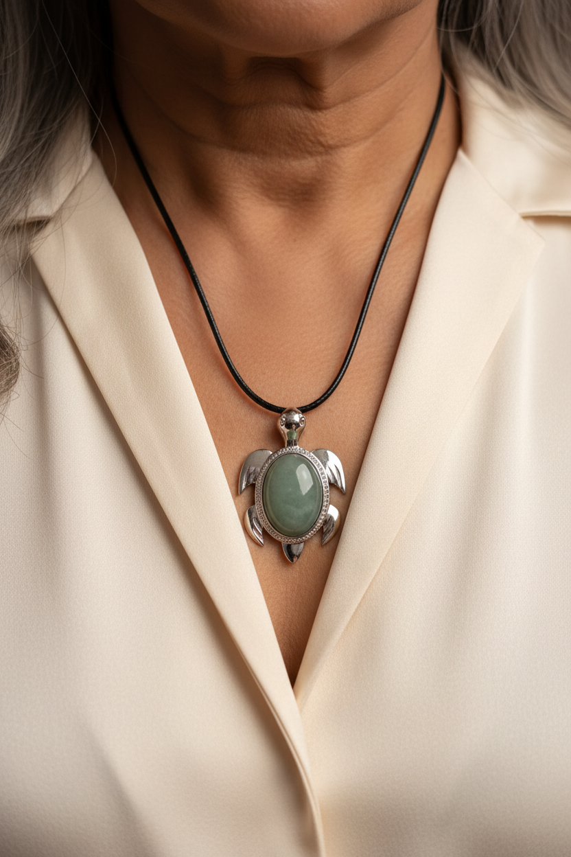 Miniature : Collier Aventurine Verte Tortue – Cordon noir ciré