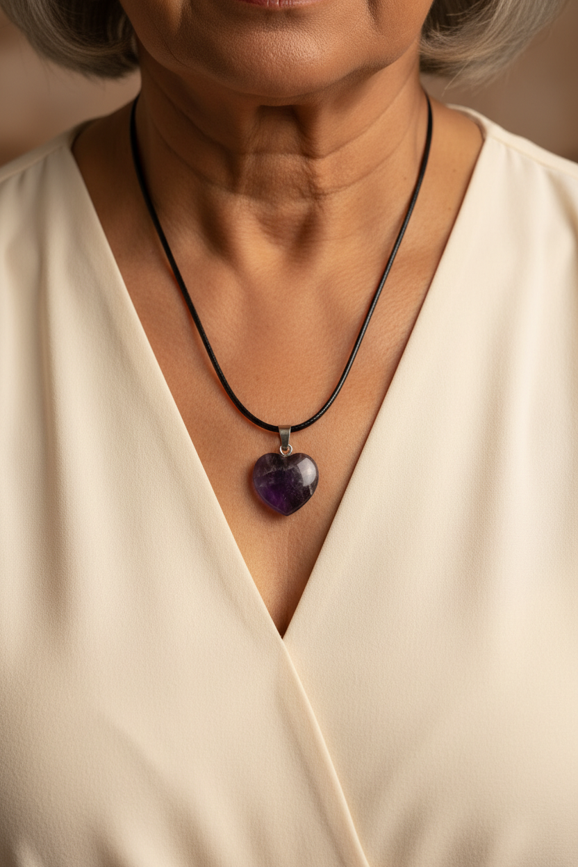 Miniature : Collier Cœur en Améthyste – Cordon noir ciré  cou
