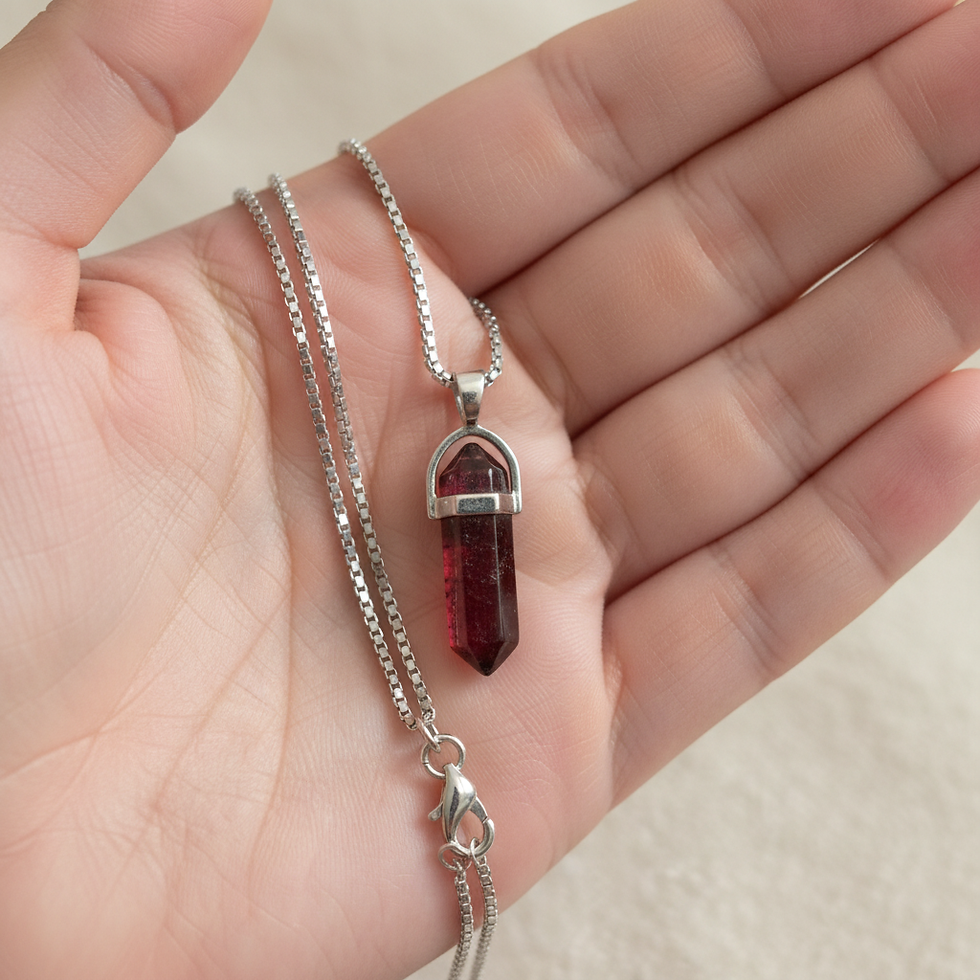 Miniature : Collier Grenat Rouge prisme – Chaîne cubic en acier inoxydable argenté fermoir