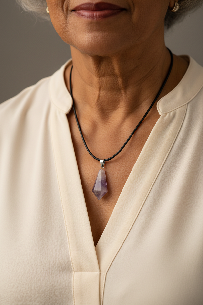 Miniature : Collier Pendentif Améthyste – Cordon ciré noir au cou femme