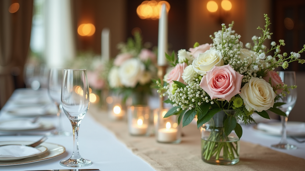 Close-up view of wedding floral centerpiece on reception table