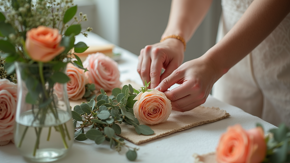 Close-up view of a wedding planner’s hands arranging floral centerpieces
