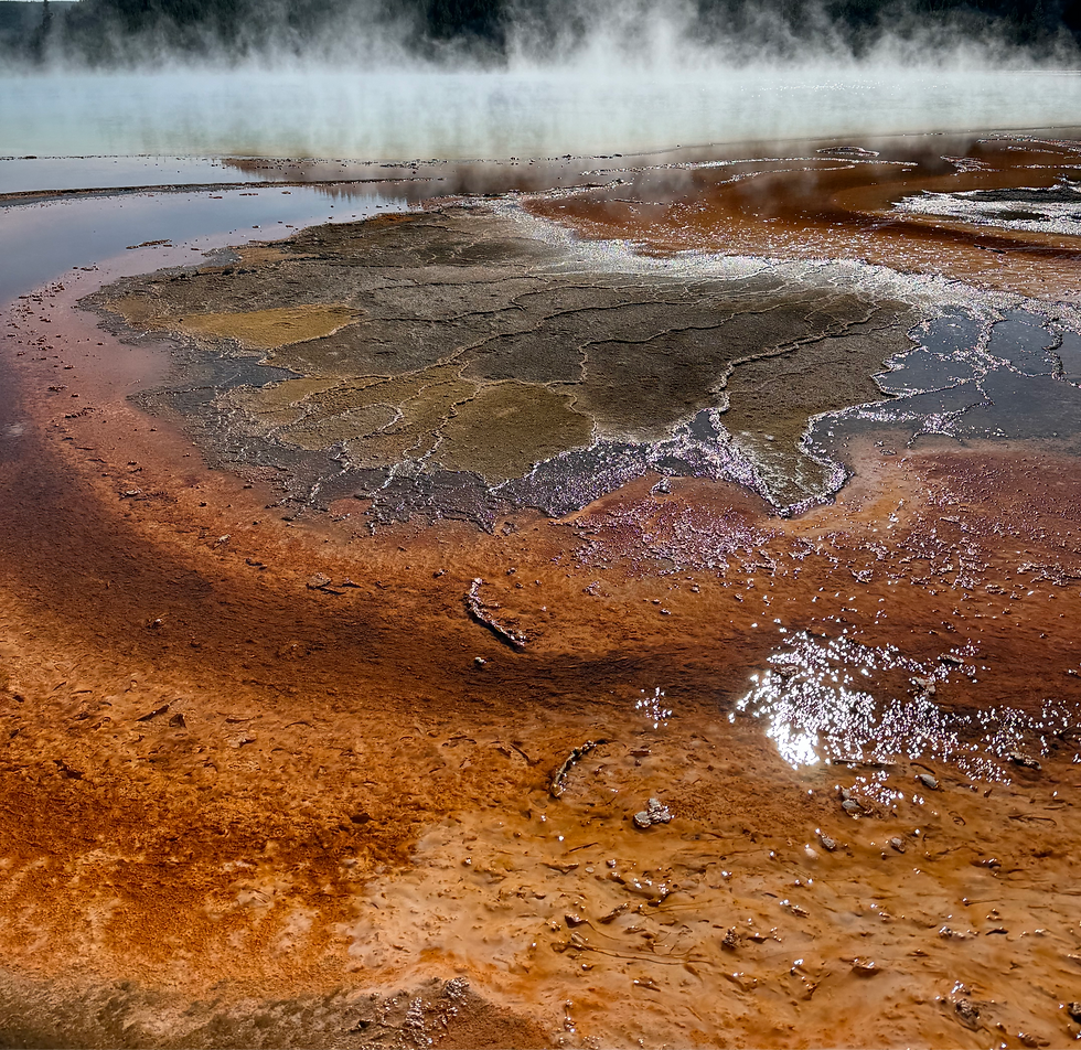 Steaming geothermal pool with vibrant orange and brown mineral deposits, cracked earth patterns, and misty background. Bright sunlight reflects.