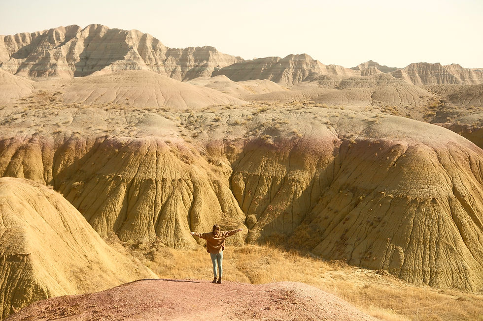 Person with arms outstretched stands on a hill in a barren, rocky landscape. The scene is calm with muted earth tones. No visible text.