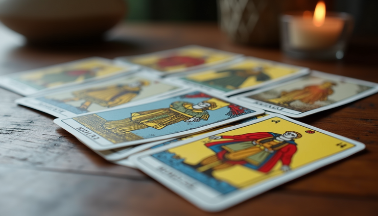 Eye-level view of a Rider Waite Tarot card spread on a wooden table
