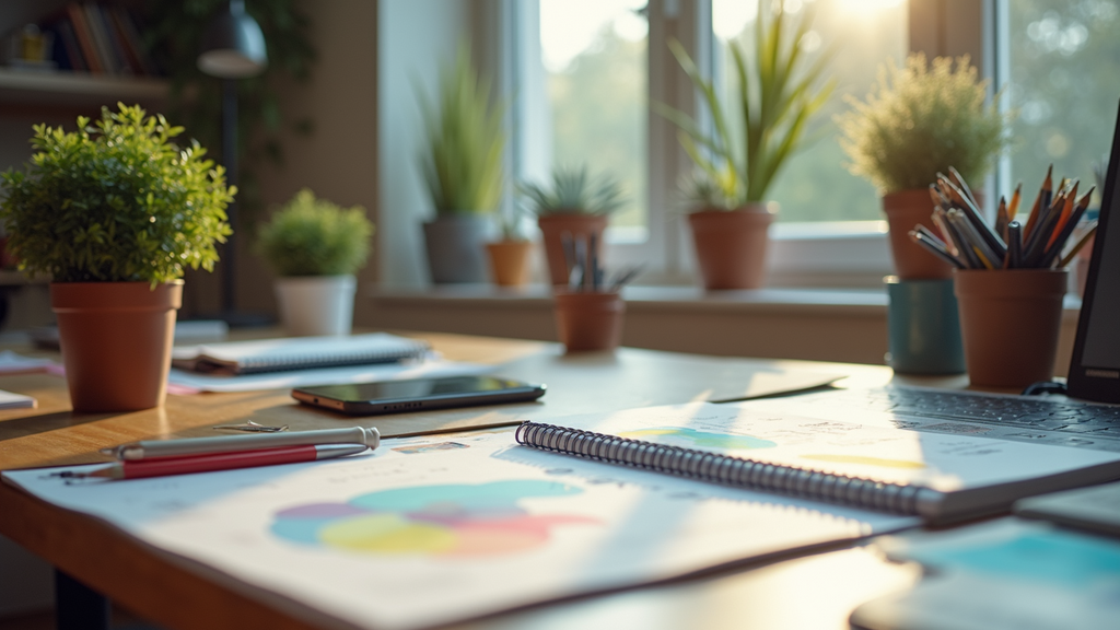 A creative workspace with colorful design elements.