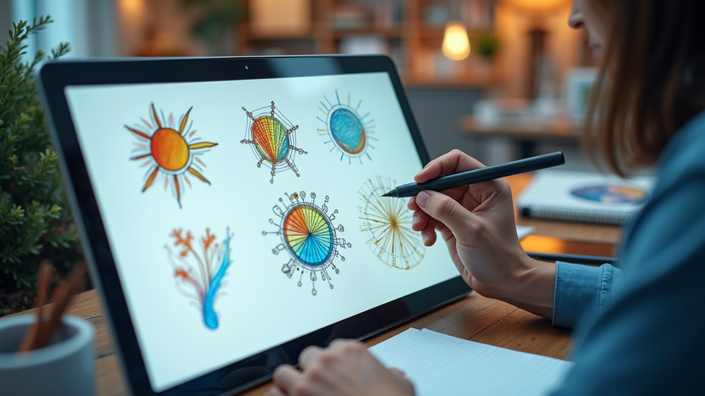 Wide angle view of a digital drawing board filled with creative designs