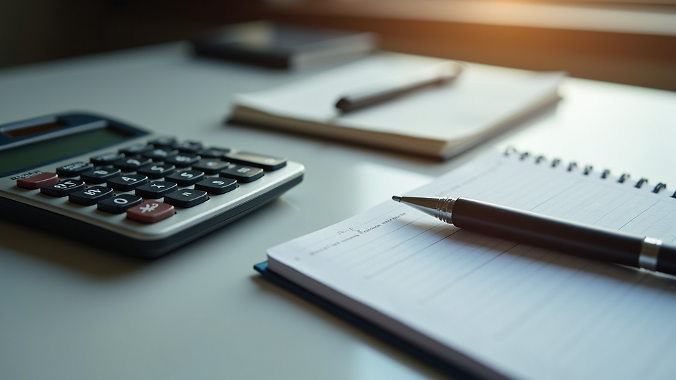 Close-up view of a calculator and notebook on a desk