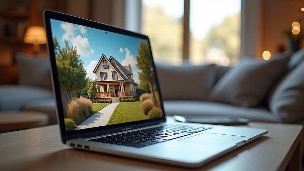 Close-up view of a laptop screen showing a virtual home tour