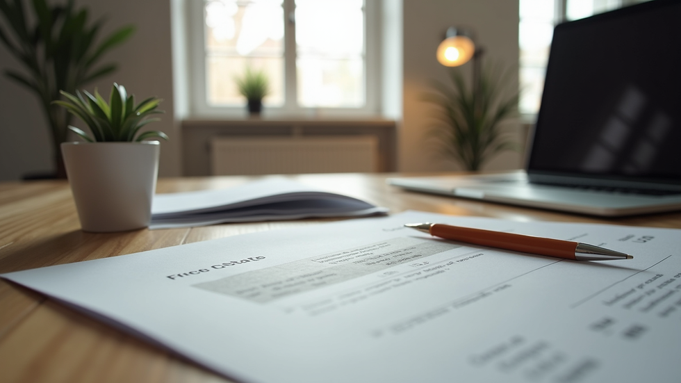 Eye-level view of a modern home office setup with a laptop and real estate documents