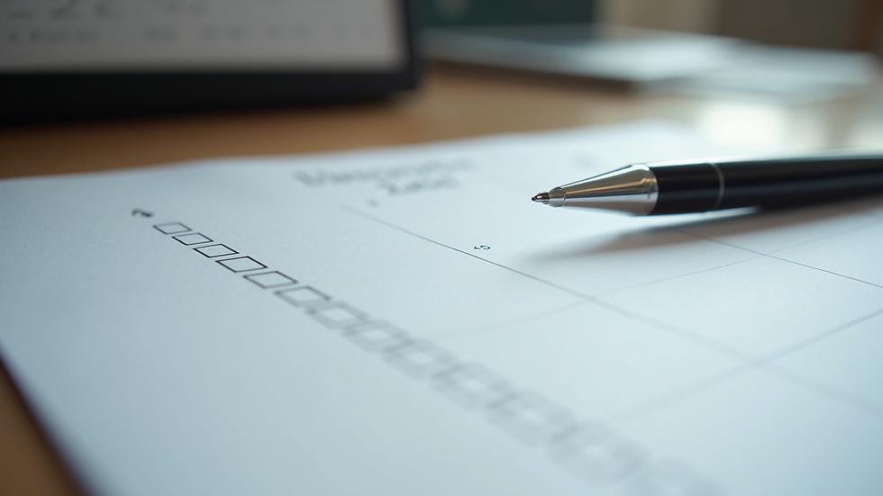 Close-up view of a calendar and checklist on a desk with a pen