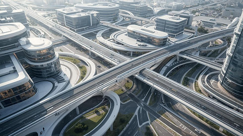 未来的な都市インフラのイメージ、建物や道路、交通や人の流れが繋がっている様子、都市全体が一つのシステムとして機能している表現、クリーンで洗練されたデ