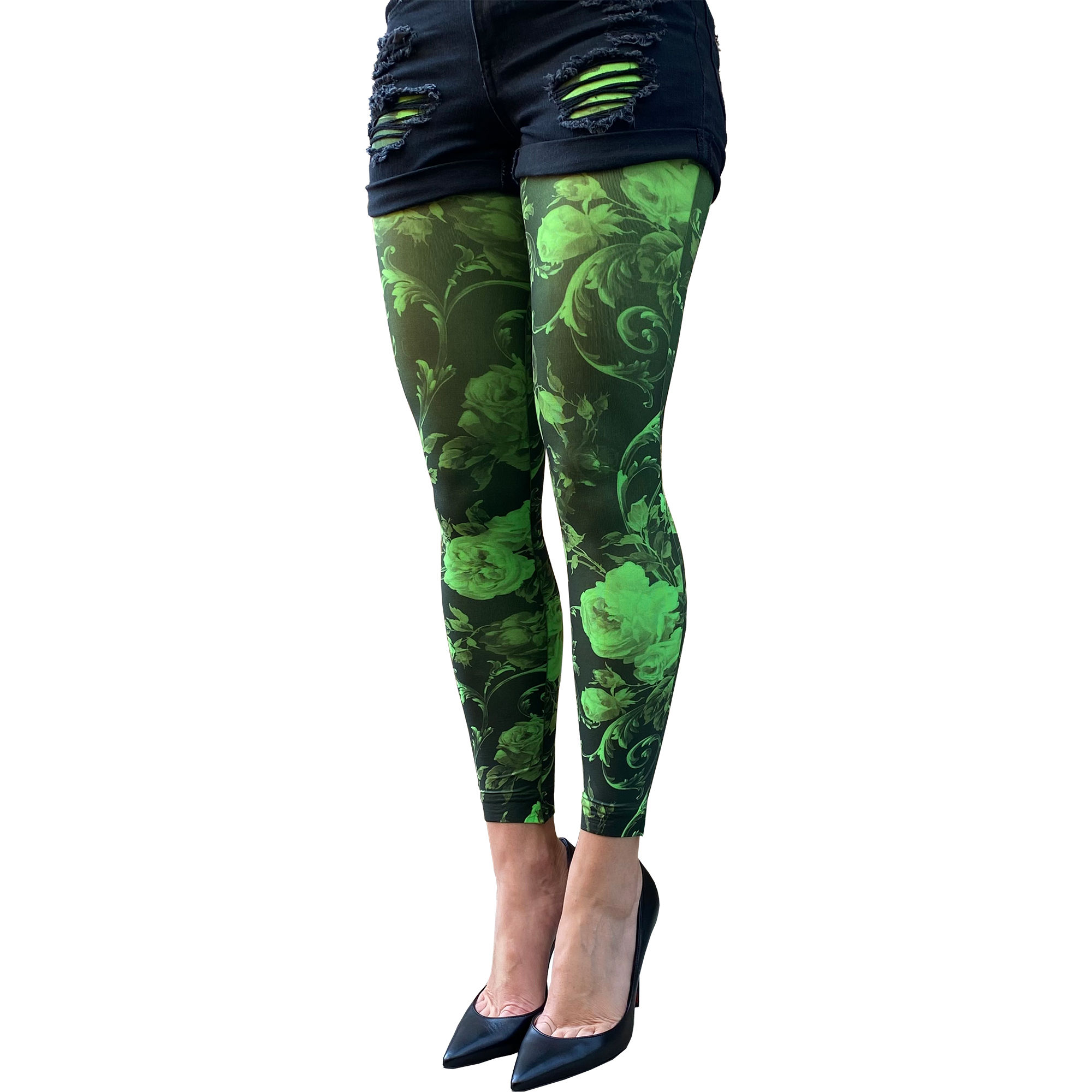Green Floral Footless Tights for Women Malka Chic