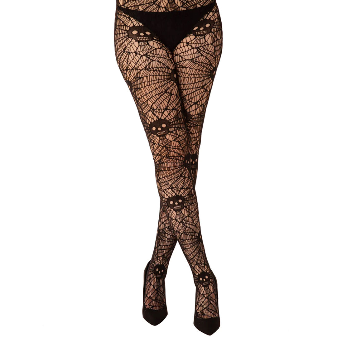 Spooky Black Skull and Cobweb Net Tights For Women Malka Chic