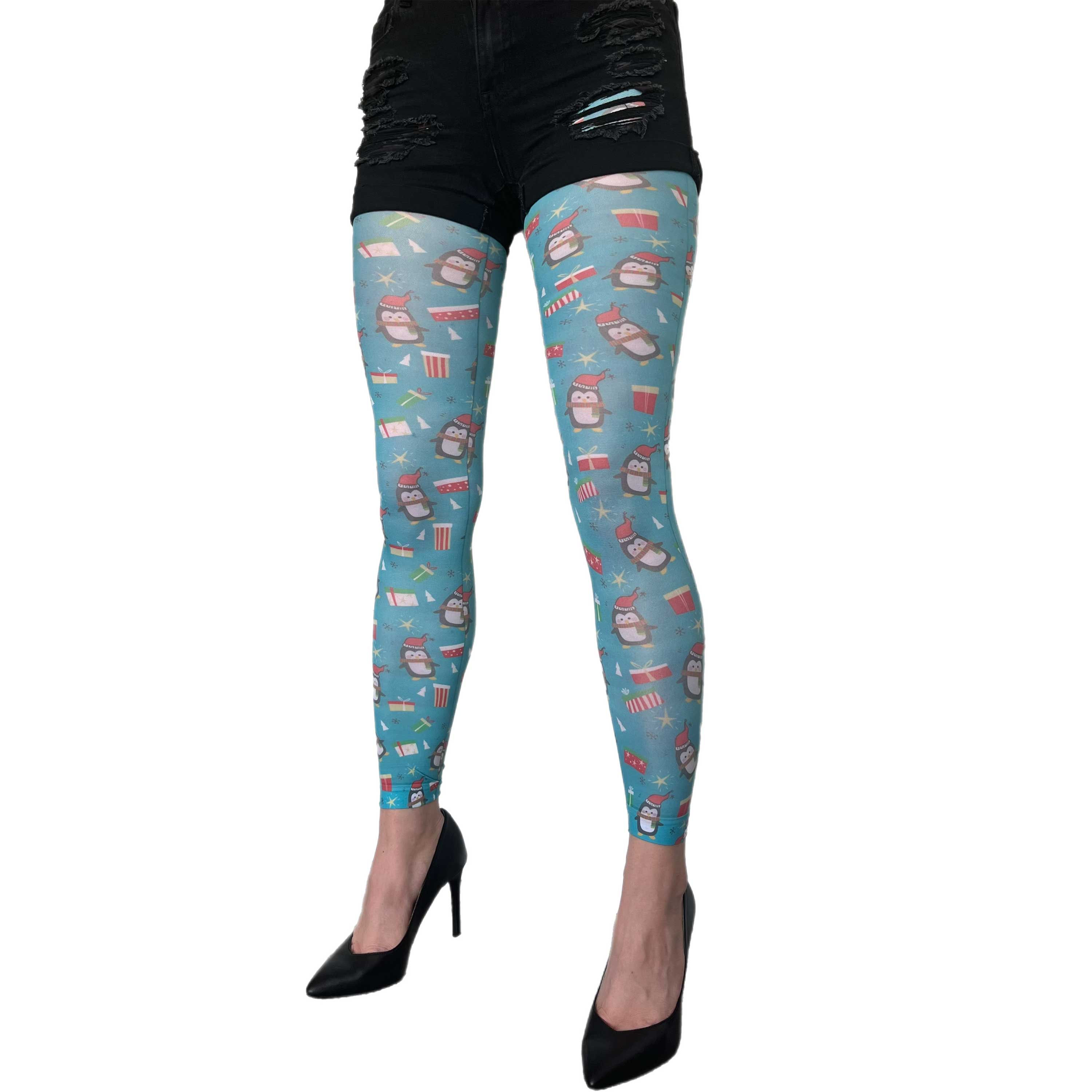Christmas Penguin blue Patterned Footless Tights Plus Size  for all Women