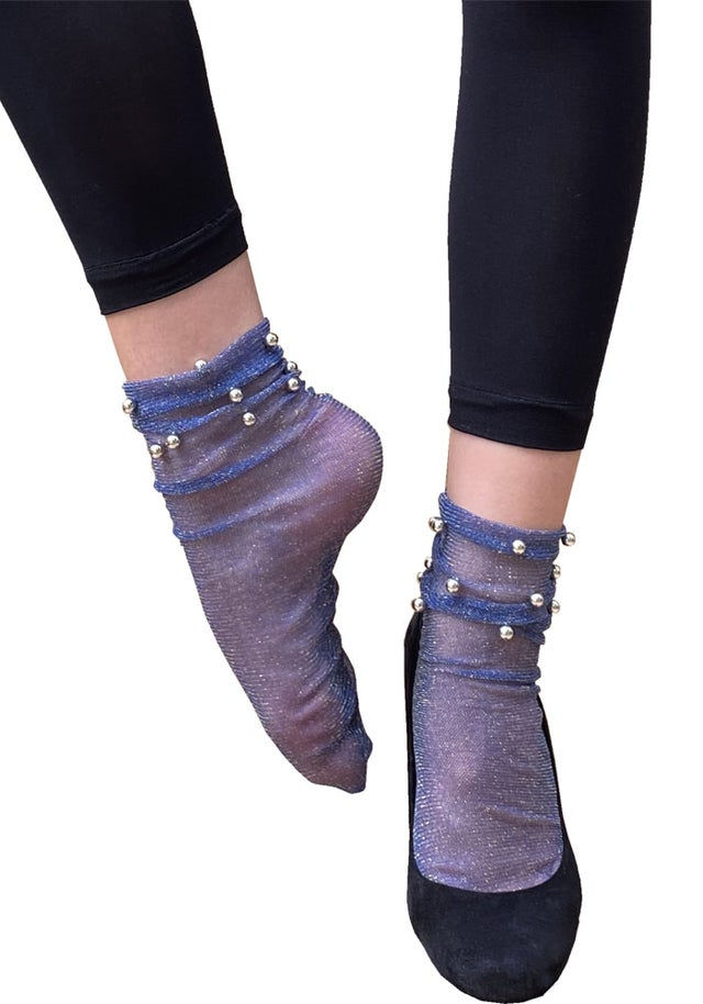 Cute Blue Sheer Ankle Socks Pearl for Women Malka Chic