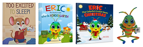 Complete Story Collection — Too Excited to Sleep!, Eric Starts Kindergarten, Eric Saves Christmas, and the Eric plush.