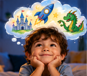 Illustration of a child imagining a castle, rocket, and dragon.