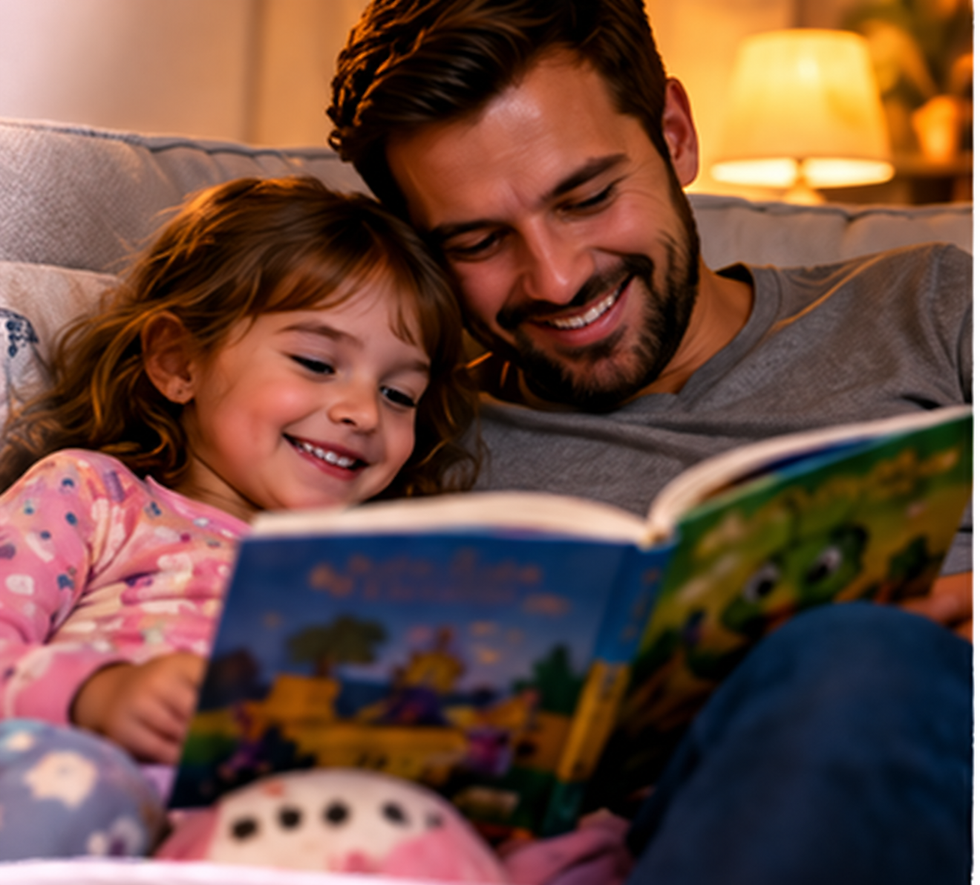 Father and child sharing a story together.