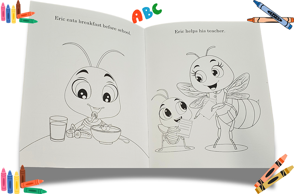 Preview of two black-and-white Eric the Colorful Cricket coloring pages