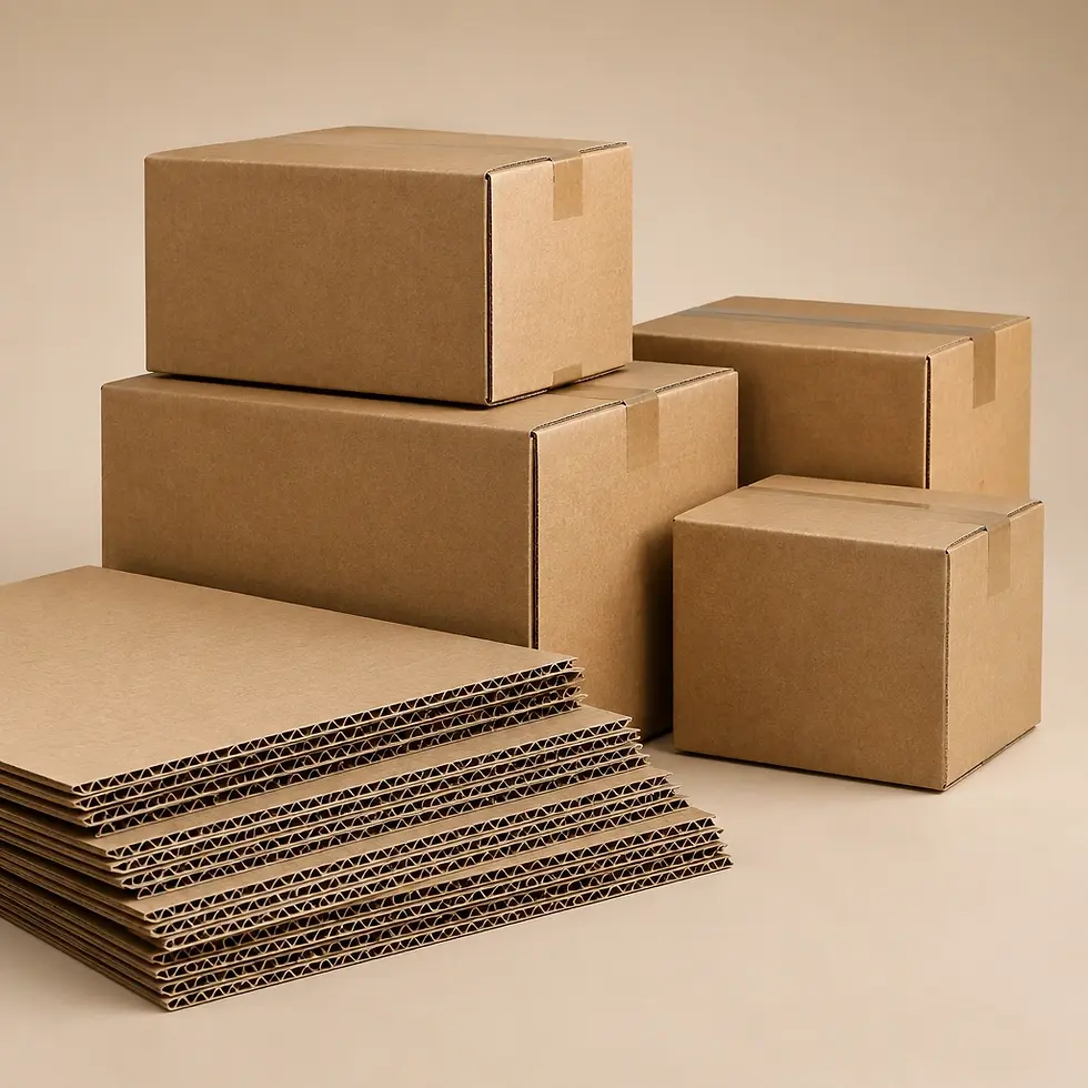 Studio photography of several cardboard boxes and flat corrugated sheets stacked together. The scene suggests shipping, storage, and packaging themes with a neutral, clean aesthetic.