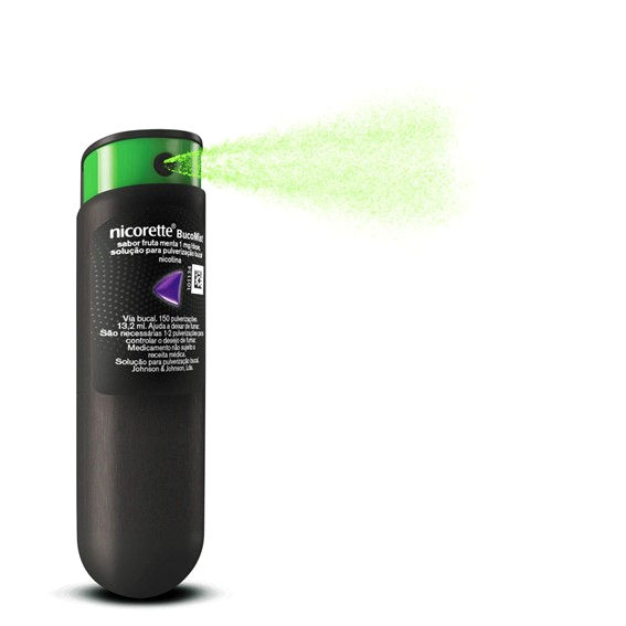 Fotografia de um frasco de spray bucal de nicotina a libertar uma pulverização, ilustrando o método de absorção rápida utilizado para travar a vontade súbita de fumar