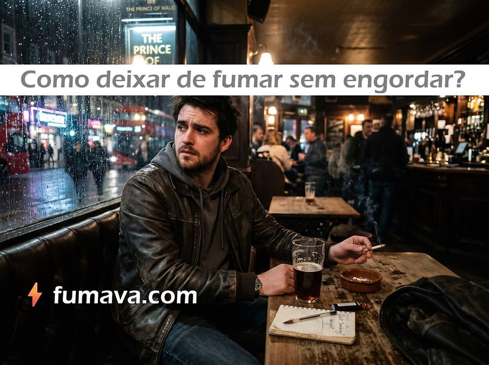 Jovem fumador pensa consigo mesmo como deixar de fumar sem engordar