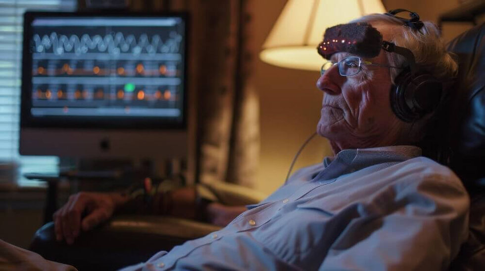 Paciente idoso a realizar uma terapia de biofeedback e neurofeedback com sensores na cabeça, focado nos gráficos do monitor
