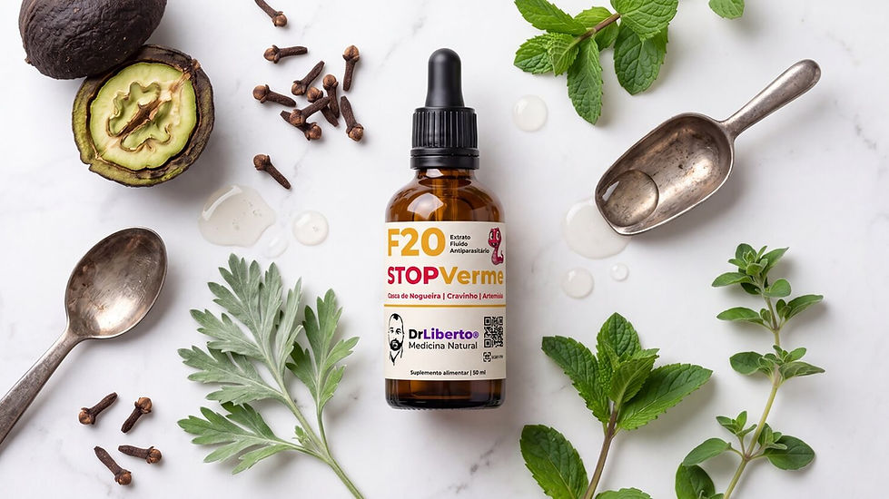 Frasco do extrato natural F20 STOPVerme ladeado por casca de nogueira verde, cravinho e artemísia. Esta fitoterapia de alta pureza é utilizada de forma exclusiva na nossa consulta de parasitologia em Lisboa (Telheiras) para o tratamento seguro e eficaz de lombrigas e outros parasitas intestinais