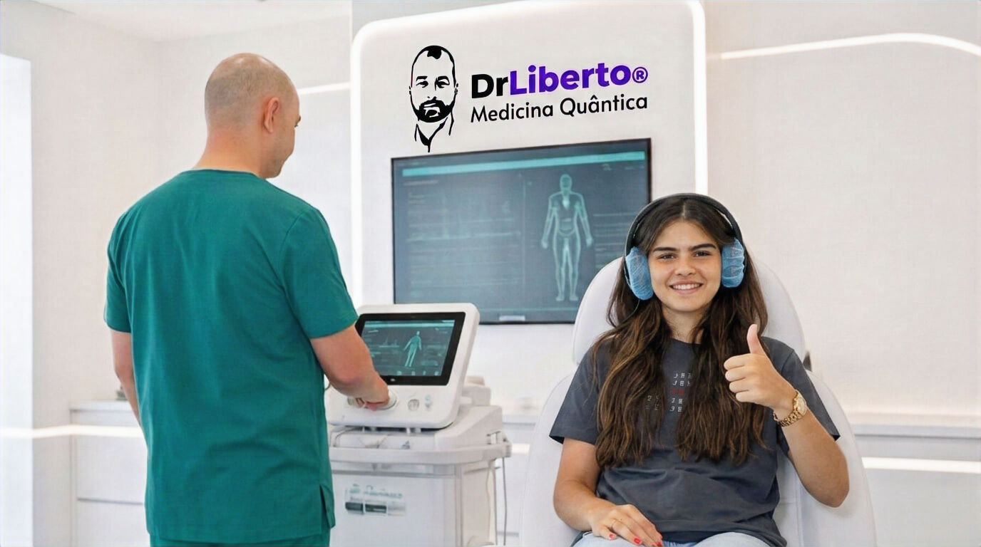 Profissional de saúde realiza consulta de medicina quântica e avaliação por bioressonância quântica na clínica do Montijo, Margem Sul