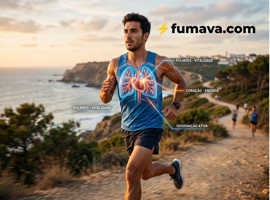Homem saudável a correr junto ao mar com uma ilustração digital brilhante dos pulmões e coração no peito, ilustrando o aumento de energia, vitalidade e exatamente o que acontece ao corpo ao deixar de fumar