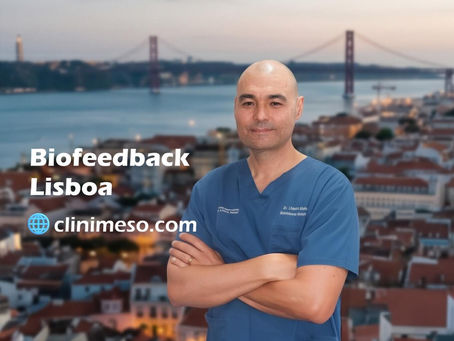 Dr. Liberto Matos, especialista em terapia quântica, a apresentar os serviços avançados de biofeedback em Lisboa com a Ponte 25 de Abril em fundo